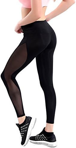 Women's Gym Leggings Waist Band Wide Mesh Splice Fitness Pants Yoga Sportswear