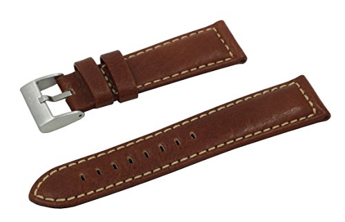 22mm Tan Natural Grain Calf Leather Watchband With Contrasting Ecru Stitching and Stainless Steel Buckle
