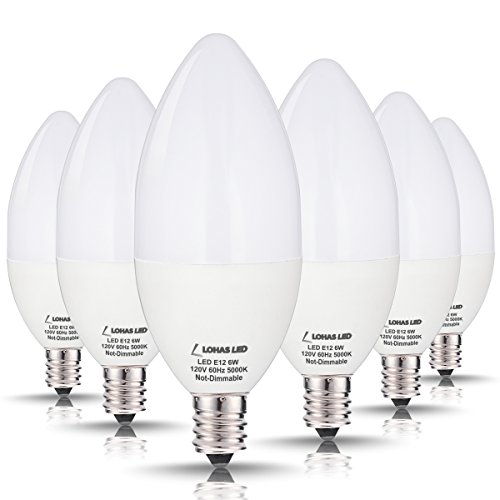 LOHAS Candelabra, LED Bulbs 60 Watt Equivalent-6W LEDs, Daylight (5000K) Light Bulbs Candelabra Base E12 LED, 180°Beam Angle, LED Lights for Home Lighting, LED Candles with Decoration(6 Pack)