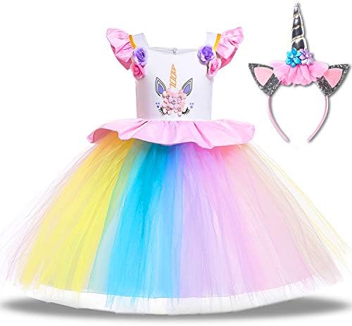 Girls Unicorn Dress Princess Tutu Rainbow Skirts with Unicorn Headband Birthday Wedding Party Tulle Dresses