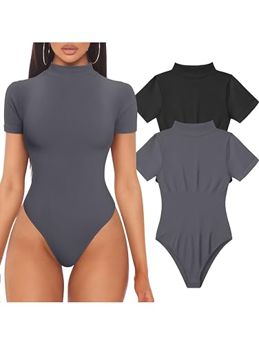 TOB WOMEN’S 2 PIECE BODYSUITS SEXY RIBBED HIGH NECK SHORT SLEEVE TOPS BODYSUITS BLACK DARKGREY
