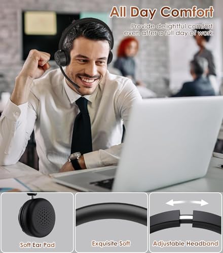 Bluetooth Wireless Headset with Noise Cancelling Microphone, Best Headset with Mic Mute & USB Dongle for PC/Computer/Laptop/Cell Phones/Remote Work/Call Center