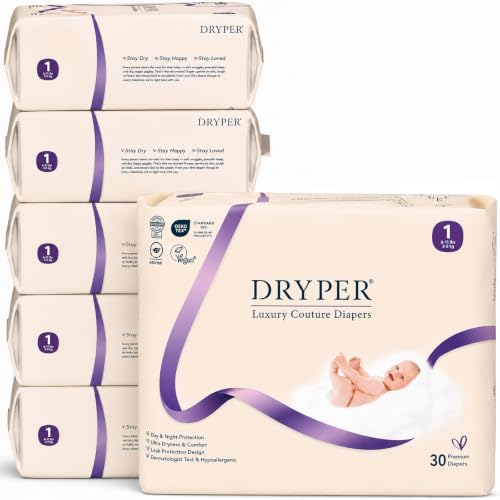 DRYPER Organic Newborn Diapers Size 1 (3-5 kg), Ultra Thin, Soft and Hypoallergenic for Sensitive Skin, Moisture Indicator, 180 Premium Day & Night Diapers