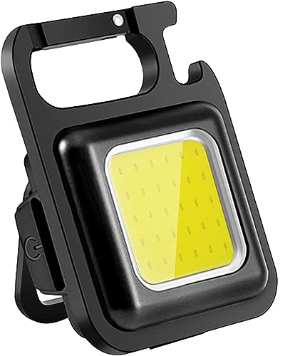 USUNDERY Mini COB Work Light, Rechargeable Keychain flashlights, 4 Lighting Modes with Folding Bracket Bottle Opener/ Magnet Base for Emergency Fishing Walking Camping at Night