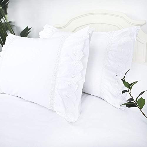 Eyelet Pillow Shams Ruffled King Bright White Shabby Chic Lace Set of 2