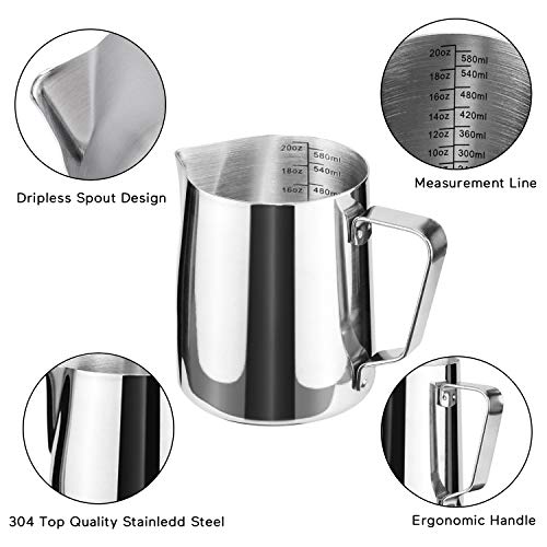 Milk Frothing Pitcher Jug - 20oz/600ML Measurements Steaming Pitchers, Stainless Steel Coffee Tools Cup, Espresso, Latte Art and Frothing Milk, Attached Latt Art Pen