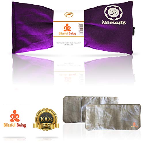 Blissful Being Namaste Yoga Eye Pillow with Grey Cotton Cover – Lavender Eye Pillow perfect for Meditation, Relaxation, Yoga and Stress Relief – Soft, Organic Cotton (Purple with Grey Cover bundle)