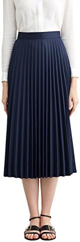 Simple Retro Women's Pleated Skirt Midi A Line High Waist Skirt,Navy Blue,Large