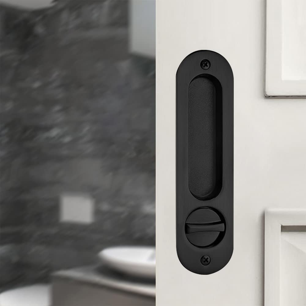 HOCONNIE Pocket Door Handle with Key Sliding Door Lock Keyed Pocket Door Lock Invisible Recessed Door Handle 173mm Black
