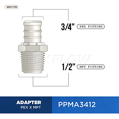 PEXFLOW PPMA3412-5 Plastic Poly Alloy Adapter Pex x MPT Barb Pipe Fitting 3/4 x 1/2 Inch Pack of 5, White - Thumbnail 5