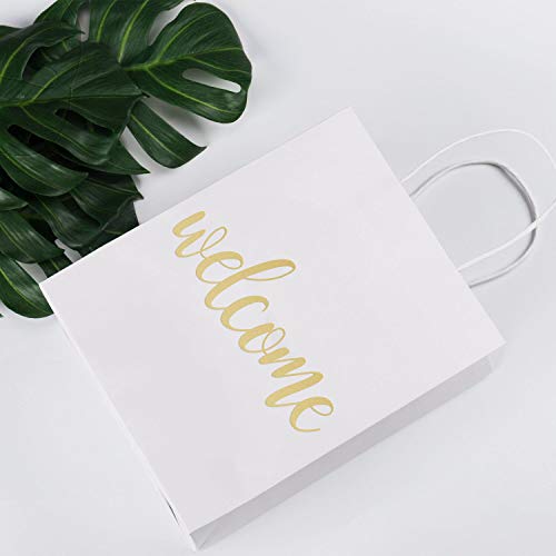 LaRibbons Medium Welcome Gift Bags - Gold Foil White Paper Bags with Handles for Wedding, Birthday, Baby Shower, Party Favors - 12 Pack - 8\