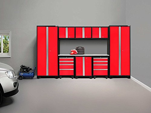 NewAge Products 50607 Bold 3.0 Garage Storage Cabinet Set with Stainless Steel Worktop (9-Piece), Red