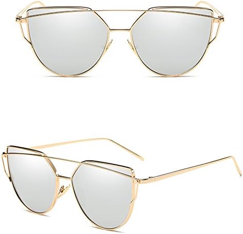 MUYAOO Women Twin-beams Photochromic Sun Glasses Golden Alloy Galss Frame Outdoor Glasses Cat Eye Sunglasses Gold frame silver