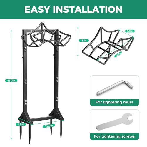 Garden Hose Holder Holds 160Ft Hoses, Heavy-Duty Freestanding Water Hose Stand with 2 Tool Hooks, Rustproof Hose Rack with 4 Spikes Hose Hanger Storage for Outside, Yard, Lawn