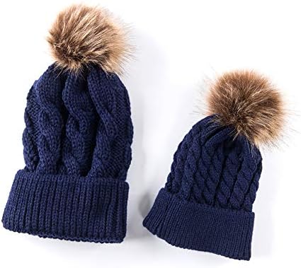 Florica 2PCS Winter Twist Knitting Wool Beanie Pom Pom Cap Ski Cap Mother&Baby Brother Sister Warmer Hat Family Infant Toddler Crochet Hat for Boys Girls