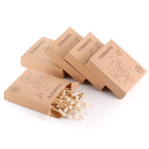 Bamboo Cocktail Picks 4.7 Inch, Handmade Party Toothpicks - Decorative Skewers for Appetizer, Drink, Fruit, Sandwich of Wedding, Baby Shower, and Tea Party. (White Pearls, 100 Counts)