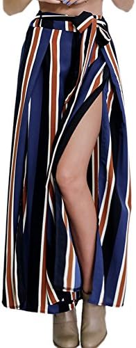 MasiMiele Color Striped Side Slits Lace Palazzo Pants Dress Pants (L)