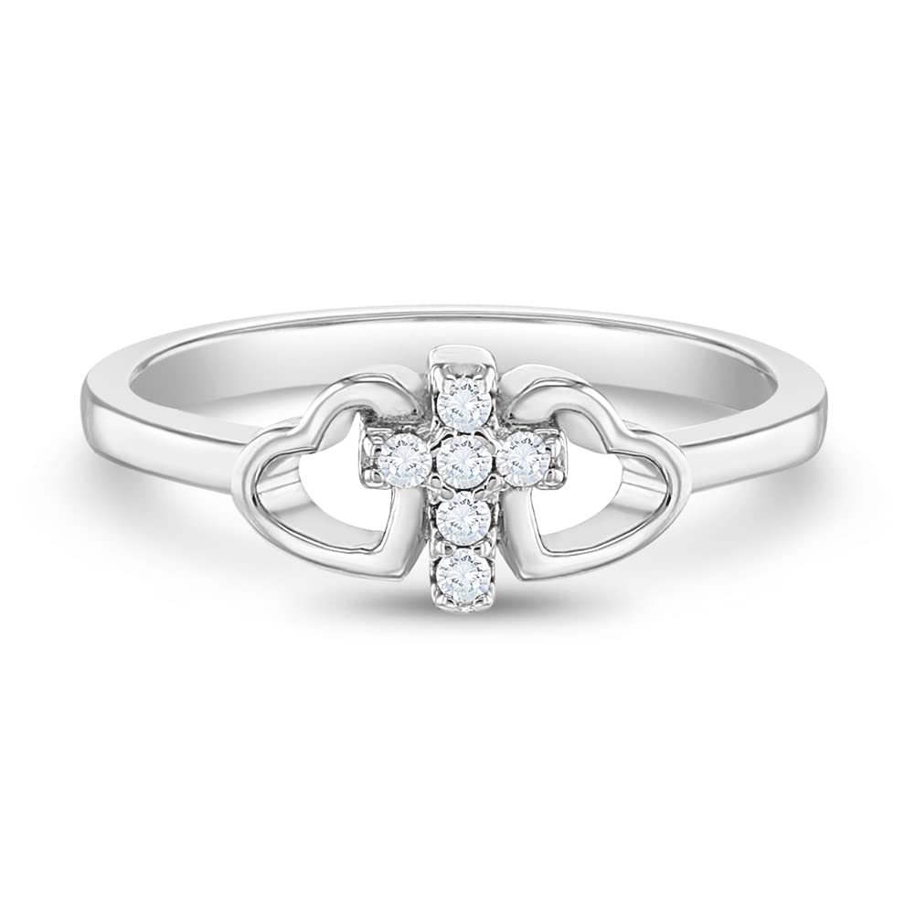 925 Sterling Silver Size 2-5 Religious Tiny Cross Cubic Zirconia Heart Rings for Girls - Beautiful Cross & Hearts Ring Bands for Young Girls - Faith CZ Cross Jewelry for Children & Preteens