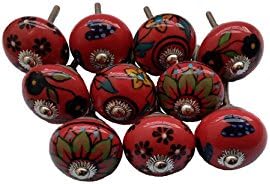 Global Mart Set of 10 Multicolor Handmade Ceramic Cabinet Floral Interior Door Knobs, Red Background