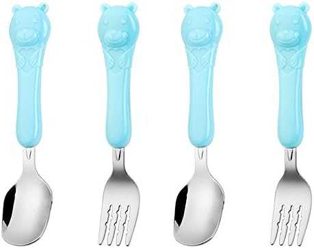 Enwinner 2 Set Baby Fork and Spoons Set, Cute Cartoon Kid Self Feeding 6-Inch, Blue Bear