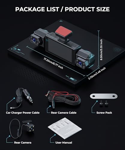 Rimoody 4 Canali 360° Dashcam Auto, 4 Telecamera HD 1080P Anteriore e Posteriore Sinistra Destra, 3.16 Pollici Schermo IPS Dash Cam con Visione Notturna 8 IR/Loop Video/24H Parcheggio Monitor