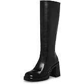 SOVANYOU Black Leather Boots Platform Boots for Women Fashion Square Toe Chunky Block Heeled Boots Side Zip