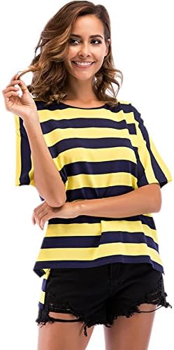 Arctic Cubic Short Sleeve Colorblock Striped Stripe Side Split Slit High Low Hem Blouse Shirt T-Shirt Tee Boxy Top Black Yellow M