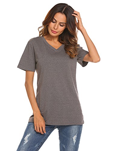 Qearal Women's Loose Tee Short Sleeve V Neck T-Shirt Casual Top(Dark Grey, XL)