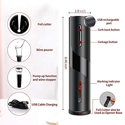 Electric Wine Opener, 5-in-1 Rechargeable Automatic Wine Bottle Cordless Corkscrew Set with Wine Foil Cutter, Wine Vacuum Saver Stopper, Aerator Pourer & USB Charging Cable, Wine Lovers Kit Set