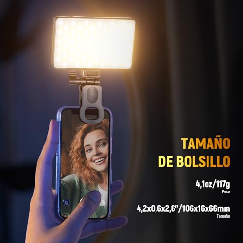 NEEWER Básico LED Selfie Luz Teléfono, Luz Relleno con Clip Recargable 2500-9000K, Películas en Color/Difusor/3000mAh, Luz Videoconferencia Regulable CRI95+ para iPhone Cámara Laptop Zoom Call,BL120B