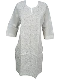 Womans White Tunic Cotton Paisley Floral Hand Embroidered Elegant Indian Kurta Caftan Dress