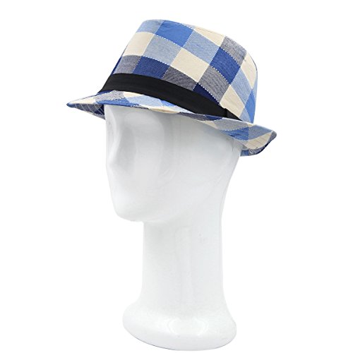 Premium Multi Color Plaid Stitch Black Band Fedora Hat, Blue
