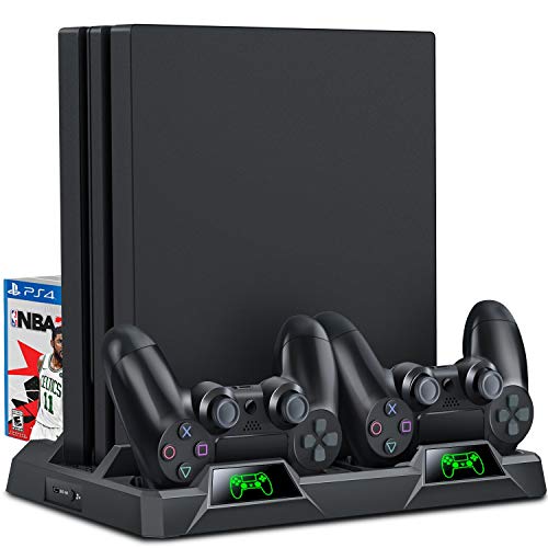 PS4 Vertical Stand, 3 IN 1 Compact PS4 Cooling Fan for Playstation 4 / PS4 / PS4 Pro / PS4 Slim, PS4 Charging Station with 16PCS Games Storage