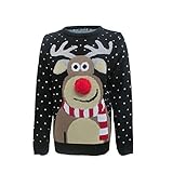 Fashion Essentials-womens Unisex Rudolph Print 3d Nose Pom Pom Christmas Jumper (XL, BLACK)