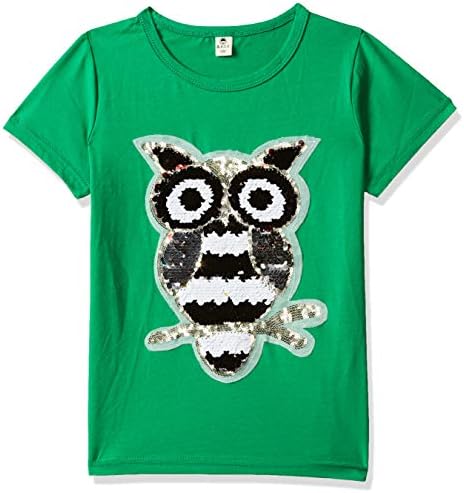 Hopscotch Girls Cotton Owl Applique Hand Swipe Sequin Tshirt in Green Color