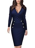 Miusol Women's Formal V Neck Navy Style Long Sleeve Slim Pencil Dress