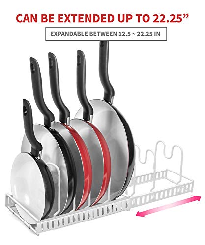 Expandable Pan Pot Lid Organizer Rackï¼ŒCan Be Extended to 22.25", Total 7 Adjustable Compartments, Kitchen Cabinet Pantry and Bakeware Organizer Rack Holder