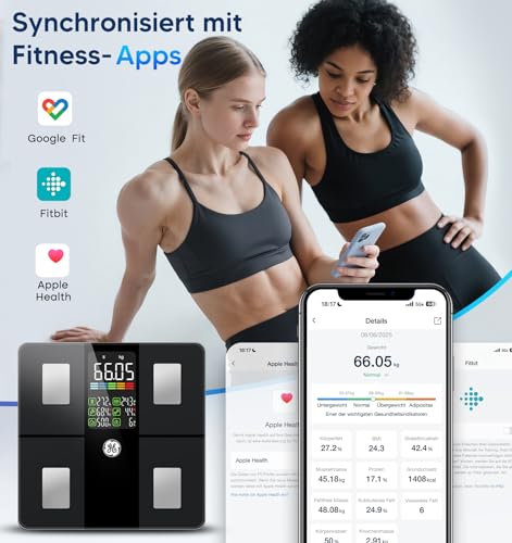GE Digital Body Fat Scales with Large Display, Smart Scales with Body Fat and Muscle Mass with App 14 Body Measurements BMI Bluetooth Personal Scales up to 180 kg / 400 lb