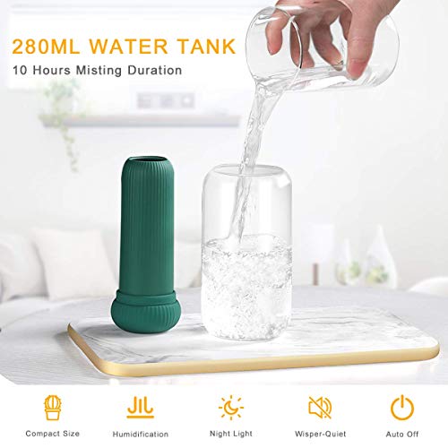 Portable Mini Ultrasonic Cool Mist Humidifiers with Night Light,300ml Small USB Cactus Humidifier for Desk,Bedroom, Home,Office (Green)