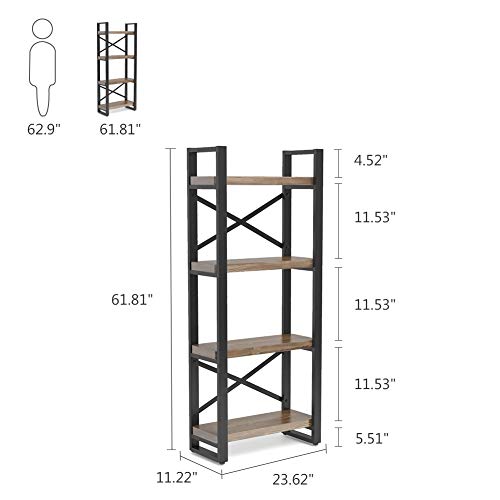 Solid Wood Bookshelf, 4 Tier Industrial Farmhouse Rustic Bookshelf