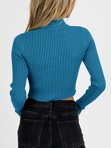 LANGWYQU WOMEN’S LONG SLEEVE CROPPED SWEATER SEXY MOCK NECK RIBBED KNIT SLIM FITTED FALL TRENDY PULLOVER CROP TOPS BLUE