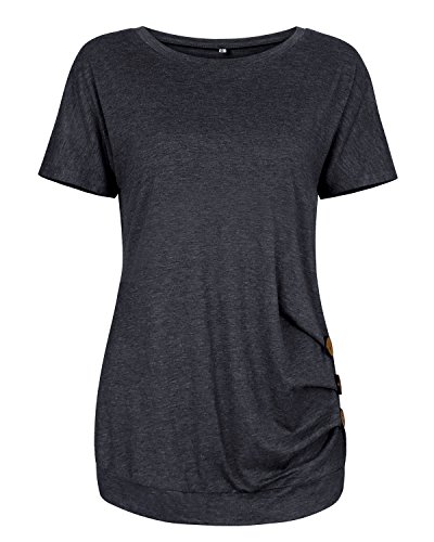 Aliex Women's Casual Tunic Top Short Sleeve Blouse T-Shirt Button Decor Black XL