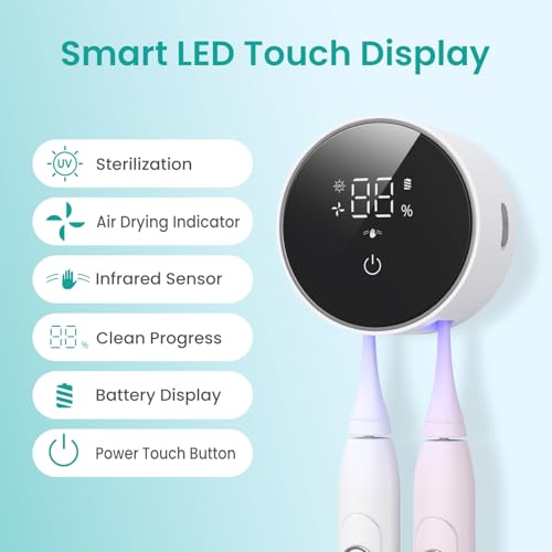 LifeBasis UV Toothbrush Steriliser with 60 °C Drying, Electric Toothbrush Holder with UV Disinfection, LED Display, Drill-Free Wall Mounting, Up to 33 Days Battery Life for Family & Travel