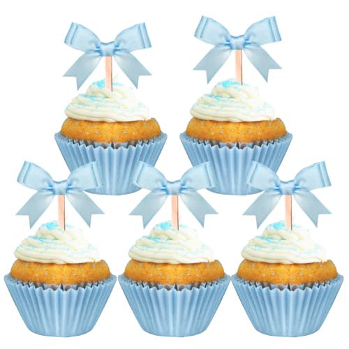 Photo 1 of 24Pcs Blue Bow Cupcake Toppers Blue Bow Birthday Decorations for Coquette Bridal Baby Shower Wedding Themed Party Decorations Supplies (blue)