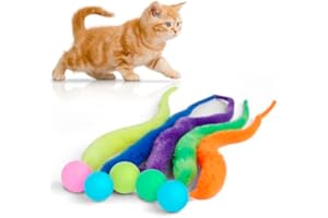 LE TOOTER Bouncy Ball with Tail Cat Toys,5 Packs Large Magic Worm with Fluorescent Ball Toy for Cats,Colorful Fuzzy Worm Bouncy Glow Balls Cat Toy