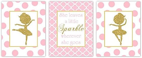 Ballerina Girl Nursery Wall Art Pink Glitter Gold Prints She Leaves a Little Sparkle Stars Silhouette Dance Ballet Dancer Baby Nursery Decor SET OF 3 UNFRAMED PRINTS