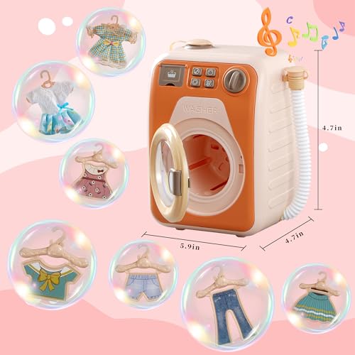 Uniiking Kids Washing Machine Toy with Real Spin & Dryer, Pretend Play Laundry Set 2 Doll Clothes 3 Clothes Rack and Lights & Sound Effects for Ages 3+ STEM Learning Gift for Girls and Boys
