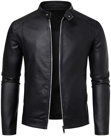 WULFUL Men's Stand Collar Leather Jacket Motorcycle Lightweight