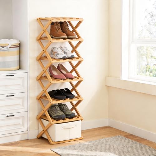 Akloya Vertical Narrow Shoe Rack, 7 Tier Portable Foldable No Installation Freestanding Shoe Rack for Corridors, Bedroom, Living Room, Corner and Small Spaces (7 Animals)
