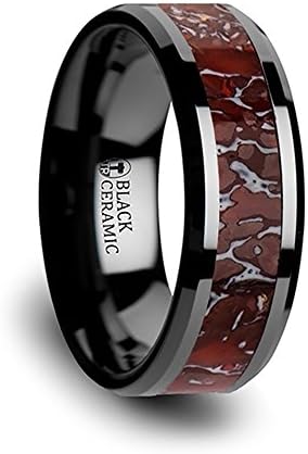 Thorsten TRIASSIC Polished Flat Style Black Ceramic Wedding Ring with Red Dinosaur Bone Inlay and Polished Beveled Edges Comfort Fit LIghtweight Durable Wedding Band by Rings - 8mm